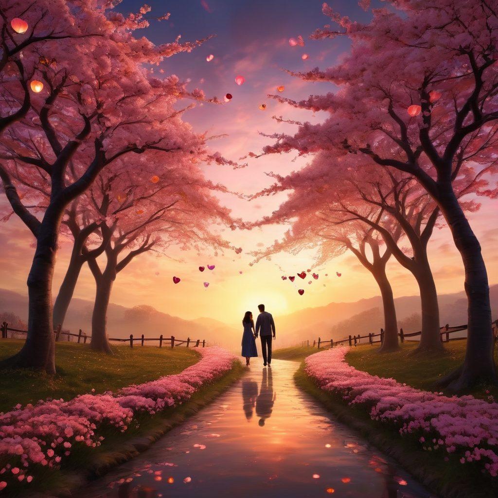 A serene landscape symbolizing love, featuring a winding path lined with blooming cherry blossom trees, leading towards a warm sunset. Two silhouettes of a couple holding hands in the foreground, surrounded by floating heart-shaped lanterns. Soft, warm lighting illuminating their expressions of devotion. Include whimsical swirling clouds above them. vibrant colors. super-realistic.