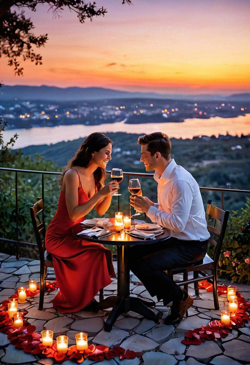 A cozy, candlelit table set for two under a starlit sky, with a picturesque view of a sunset in the background. A couple sharing laughter with a glass of wine, surrounded by heart-shaped decorations and scattered rose petals. Soft music notes spiraling in the air to symbolize romance. Infuse warm colors to evoke a sense of intimacy and love. super-realistic. vibrant colors.