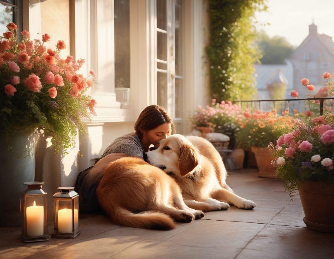 A cozy, intimate scene featuring a couple sharing a warm embrace on a sunlit terrace, surrounded by blooming flowers and flickering candlelight. They are smiling, with soft light reflecting their affection, while a gentle breeze rustles leaves nearby. A dog rests at their feet, adding a playful touch. The background is softly blurred to emphasize their connection. super-realistic. warm colors. dreamy atmosphere.